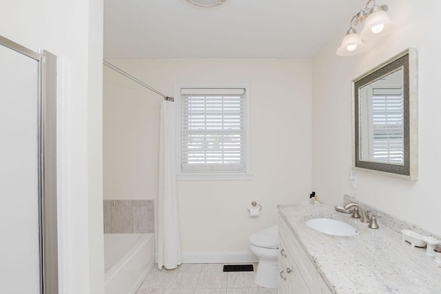 bathroom featuring curtained shower, vanity, toilet, and a tub