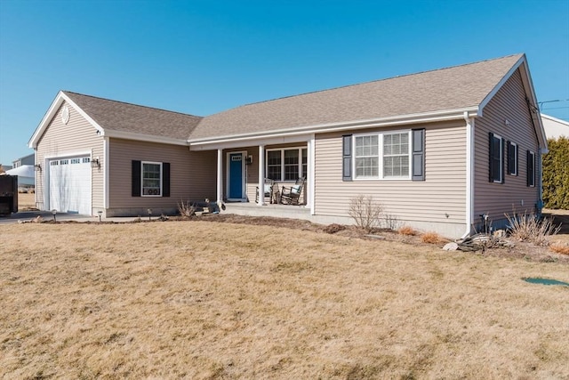 ranch-style house with a front lawn, roof with shingles, a porch, and an attached garage