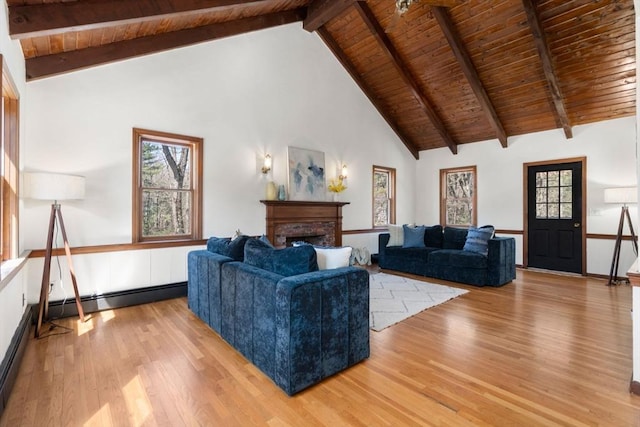 5 Crescent Ln, Sudbury, MA 01776 - living area with wood ceiling, a baseboard radiator, beam ceiling, and light wood-type flooring