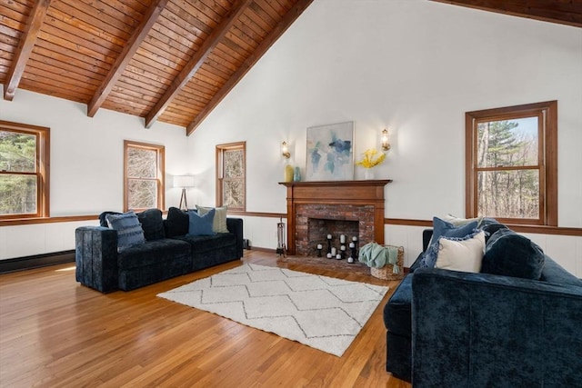 5 Crescent Ln, Sudbury, MA 01776 - living area featuring wood ceiling, wood finished floors, beamed ceiling, and a wainscoted wall