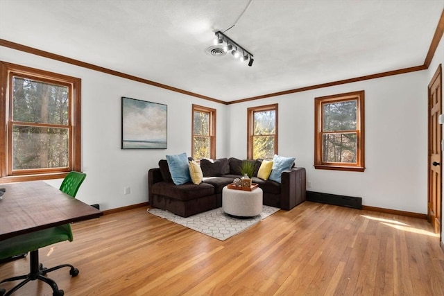 5 Crescent Ln, Sudbury, MA 01776 - living room with light wood-style flooring, baseboards, ornamental molding, and visible vents