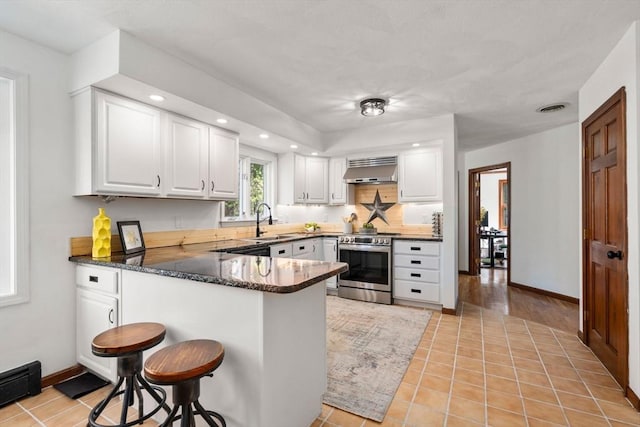 5 Crescent Ln, Sudbury, MA 01776 - kitchen with range hood, stainless steel electric stove, a kitchen bar, a peninsula, and white cabinetry