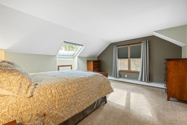 bedroom featuring baseboard heating, lofted ceiling, carpet floors, and multiple windows