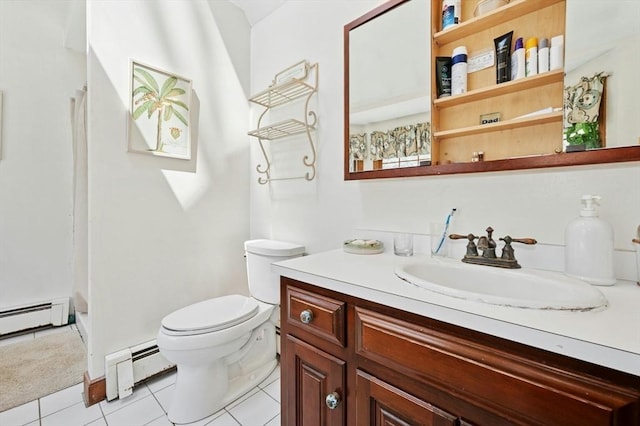 bathroom featuring toilet, tile patterned floors, a baseboard heating unit, and vanity