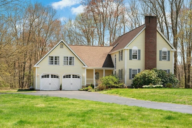 view of front of property featuring a chimney, a shingled roof, a front yard, and aphalt driveway