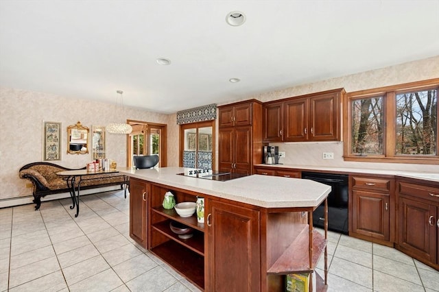 kitchen featuring open shelves, light countertops, a center island, light tile patterned floors, and black appliances