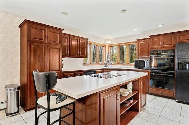 kitchen featuring a kitchen island, open shelves, light countertops, light tile patterned floors, and black appliances