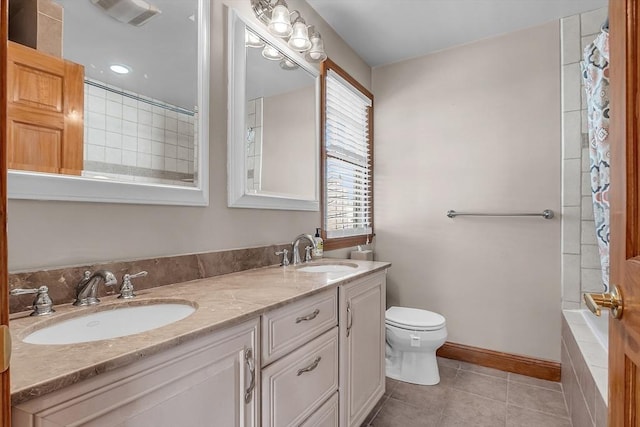 full bathroom with tile patterned flooring, vanity, and independent shower and bath