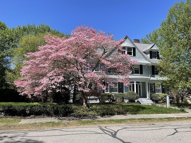 21 Waterston Rd, Newton, MA 02458 - view of front of property featuring a porch and a chimney