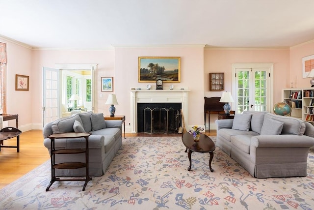 21 Waterston Rd, Newton, MA 02458 - living area with crown molding, wood finished floors, a fireplace, and baseboards