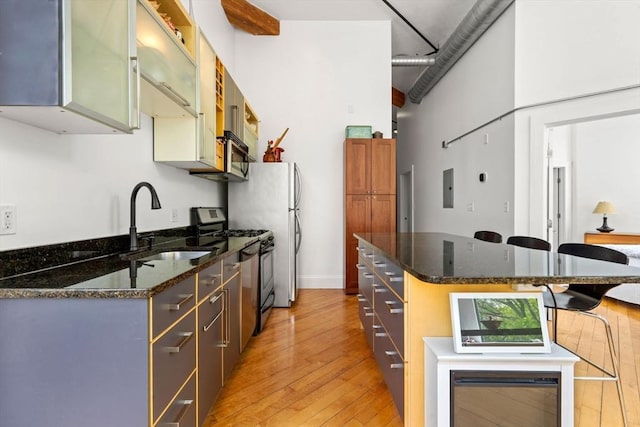 281 Essex St Unit 206, Salem, MA 01970 - kitchen with stainless steel appliances, a sink, light wood finished floors, a kitchen bar, and electric panel