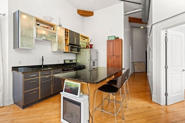 281 Essex St Unit 206, Salem, MA 01970 - kitchen with stainless steel appliances, a sink, light wood finished floors, and a kitchen breakfast bar
