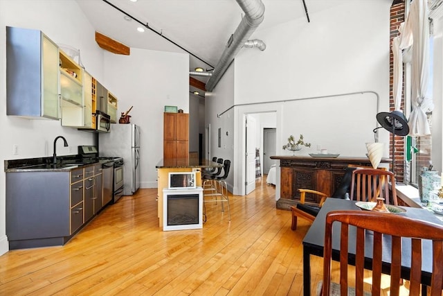 281 Essex St Unit 206, Salem, MA 01970 - kitchen featuring stainless steel appliances, a breakfast bar, a sink, a towering ceiling, and light wood finished floors