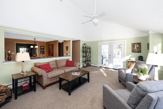 carpeted living room with vaulted ceiling, french doors, baseboard heating, and ceiling fan