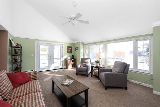 carpeted living area featuring baseboards, french doors, high vaulted ceiling, a ceiling fan, and a baseboard radiator