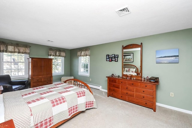 bedroom featuring carpet, visible vents, baseboards, a baseboard heating unit, and baseboard heating