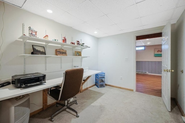 carpeted home office with recessed lighting, a paneled ceiling, baseboards, and baseboard heating