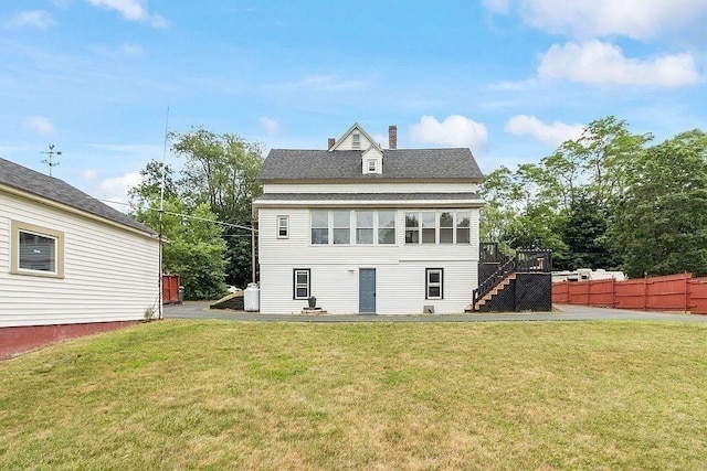 8 Holman St, Templeton, MA 01436 - back of property with stairs, a chimney, a wooden deck, and a shingled roof
