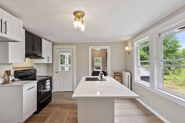 8 Holman St, Templeton, MA 01436 - kitchen featuring black range with electric cooktop, under cabinet range hood, wood finished floors, a center island with sink, and white cabinets