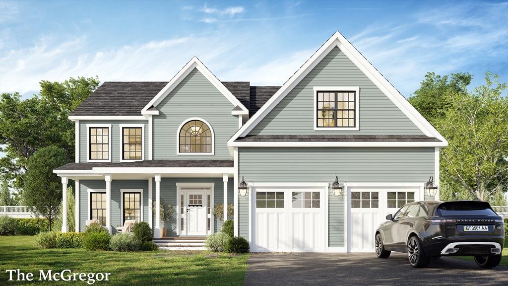 view of front of home featuring aphalt driveway, a garage, covered porch, roof with shingles, and a front yard