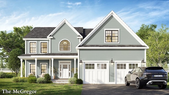 view of front of home featuring aphalt driveway, a garage, covered porch, roof with shingles, and a front yard