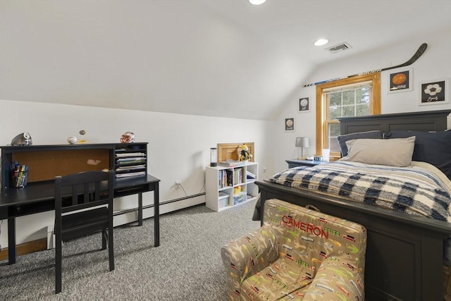 bedroom with visible vents, carpet floors, lofted ceiling, and recessed lighting