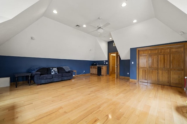 bonus room featuring lofted ceiling, light wood-style flooring, ceiling fan, visible vents, and recessed lighting