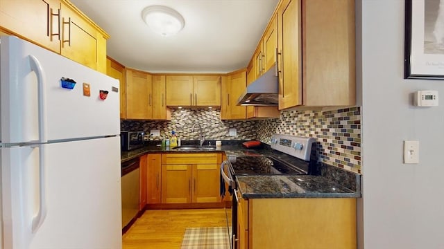 kitchen with stainless steel appliances, backsplash, a sink, and under cabinet range hood