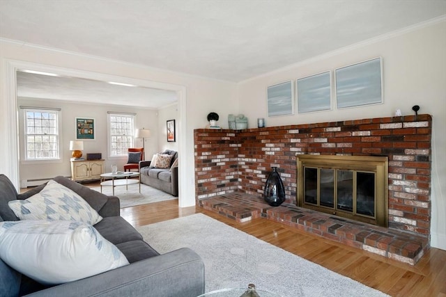 living room with a baseboard radiator, wood finished floors, a fireplace, and ornamental molding