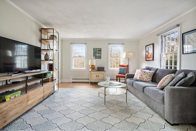 living area with baseboards, ornamental molding, baseboard heating, wood finished floors, and a baseboard radiator