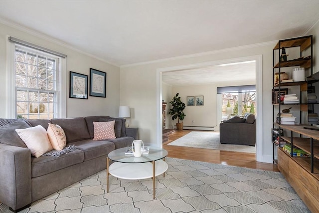 living room featuring crown molding, wood finished floors, baseboards, and baseboard heating