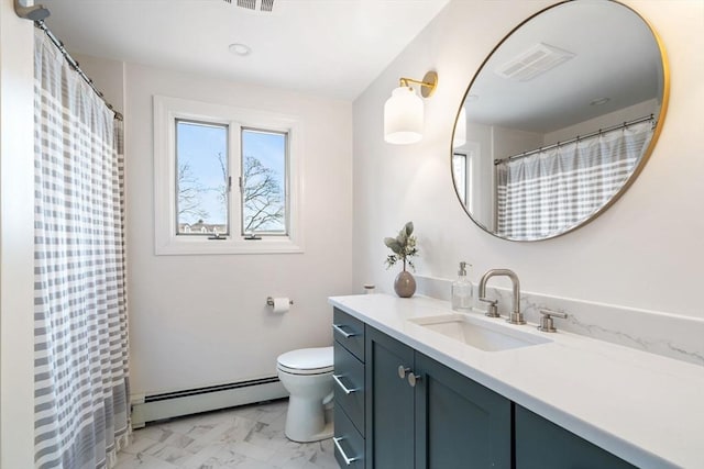 full bath with visible vents, a baseboard heating unit, toilet, marble finish floor, and vanity