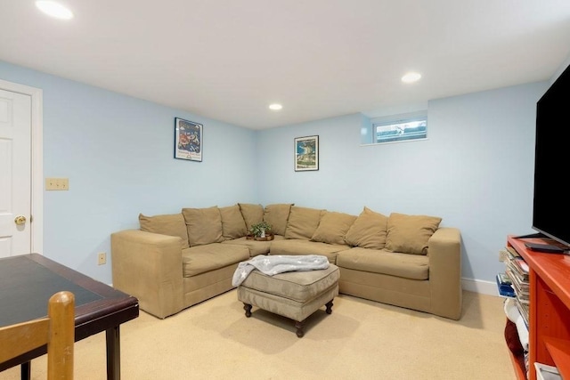 carpeted living room featuring recessed lighting