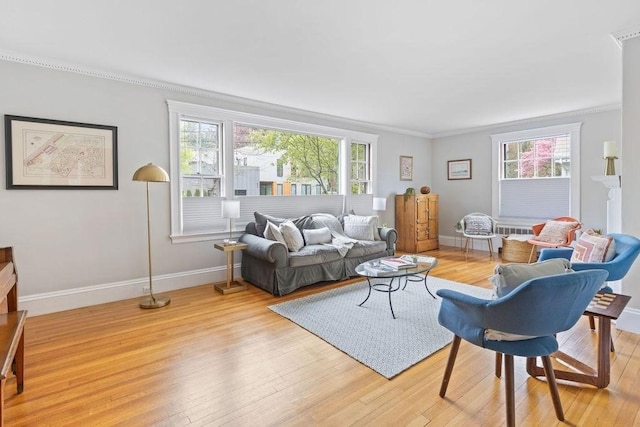 living room with ornamental molding, baseboards, and light wood-type flooring