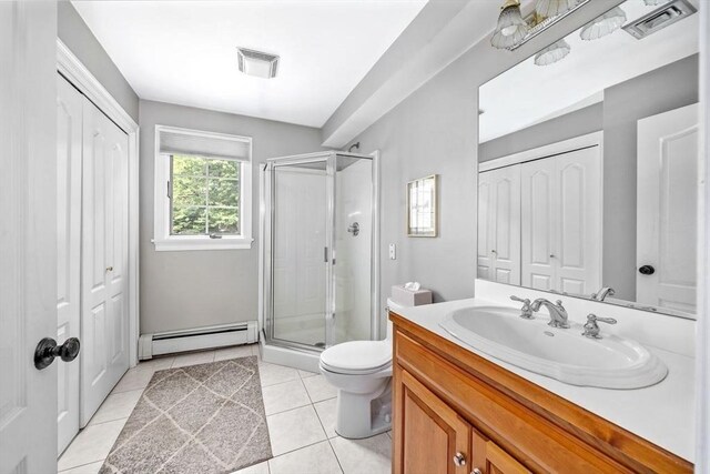 17 Maplewood Dr, Hanover, MA 02339 - bathroom with a baseboard radiator, a shower stall, vanity, tile patterned flooring, and a closet
