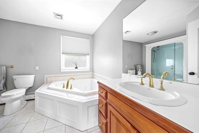 17 Maplewood Dr, Hanover, MA 02339 - full bath featuring baseboard heating, a tub with jets, vanity, tile patterned floors, and a stall shower