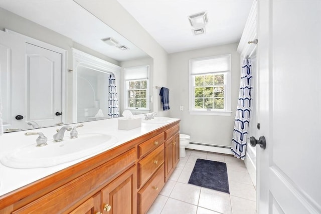 17 Maplewood Dr, Hanover, MA 02339 - bathroom with a baseboard heating unit, double vanity, a shower with shower curtain, and tile patterned floors