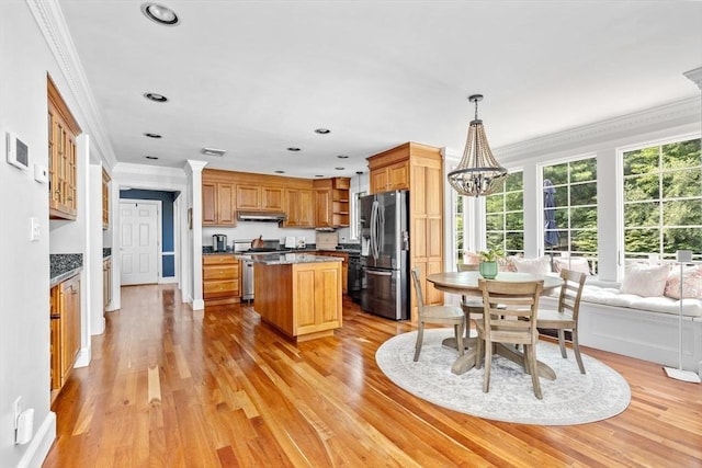 17 Maplewood Dr, Hanover, MA 02339 - kitchen featuring stainless steel fridge with ice dispenser, crown molding, open shelves, under cabinet range hood, and light wood finished floors