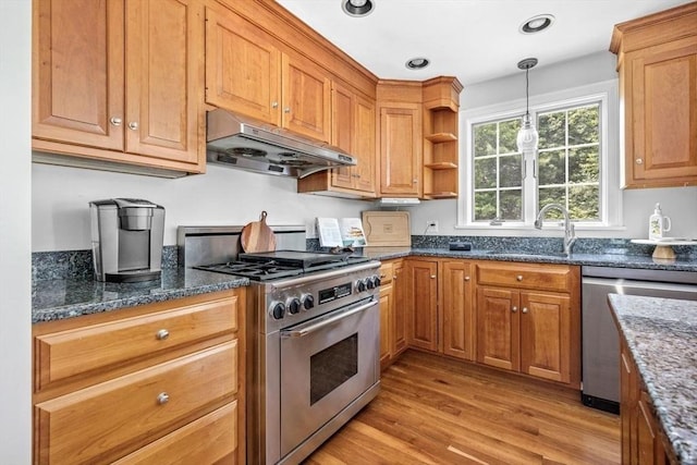 17 Maplewood Dr, Hanover, MA 02339 - kitchen featuring appliances with stainless steel finishes, under cabinet range hood, light wood-type flooring, decorative light fixtures, and dark stone countertops