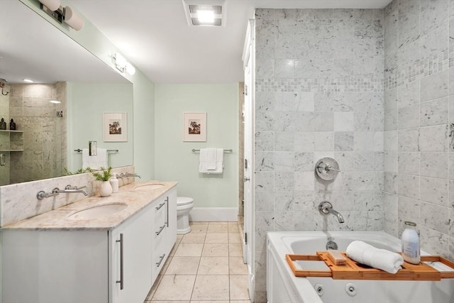 full bathroom with a jetted tub, toilet, a shower, double vanity, and tile patterned flooring