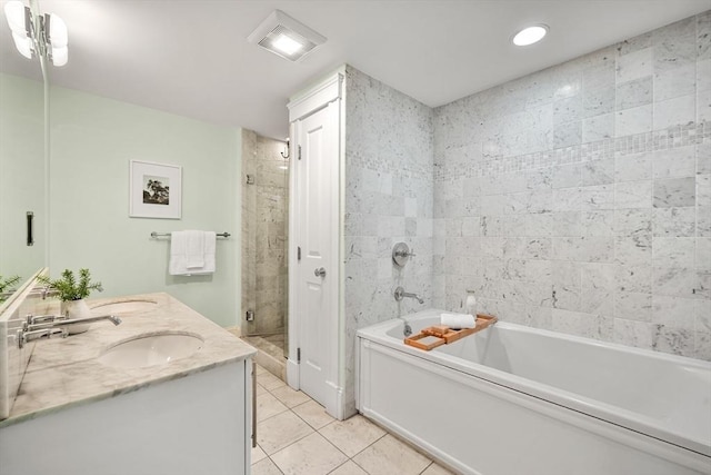 bathroom with tile patterned flooring, a stall shower, a bath, and double vanity
