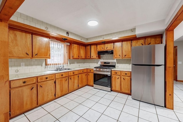 kitchen with exhaust hood, backsplash, sink, and stainless steel appliances