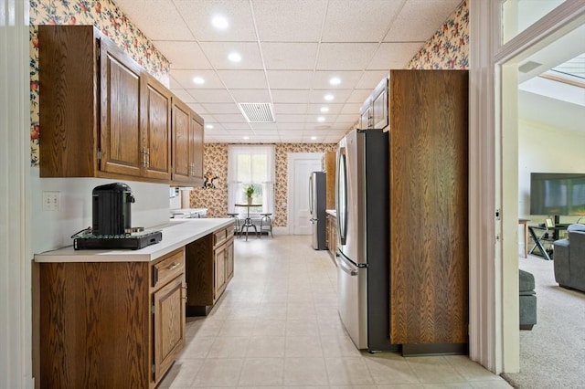 127 E St, East Bridgewater, MA 02333 - kitchen featuring freestanding refrigerator, recessed lighting, light countertops, wallpapered walls, and a paneled ceiling