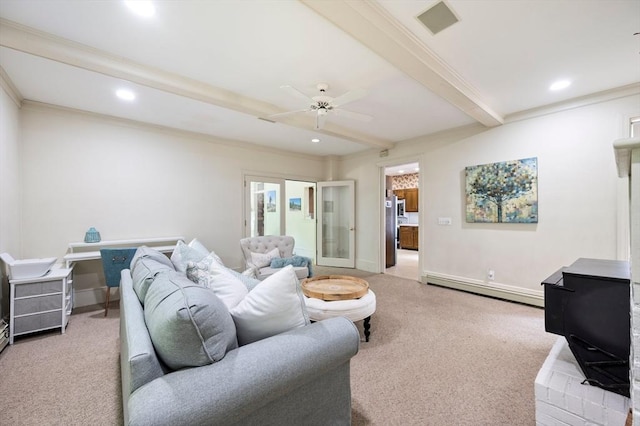 127 E St, East Bridgewater, MA 02333 - carpeted living room with baseboard heating, beamed ceiling, a ceiling fan, recessed lighting, and baseboards