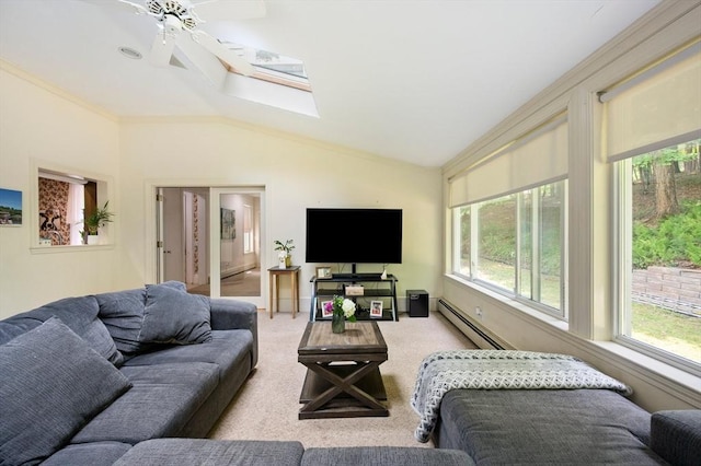 127 E St, East Bridgewater, MA 02333 - living room featuring baseboard heating, vaulted ceiling, light carpet, ceiling fan, and a skylight