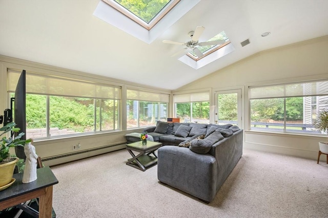 127 E St, East Bridgewater, MA 02333 - sunroom with a skylight, a baseboard heating unit, plenty of natural light, lofted ceiling, and carpet