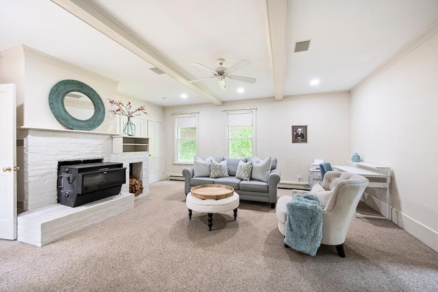 127 E St, East Bridgewater, MA 02333 - carpeted living room featuring beam ceiling, a ceiling fan, baseboards, a fireplace, and recessed lighting