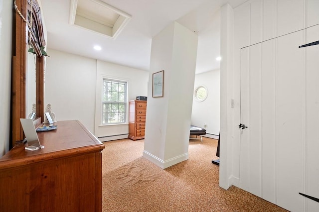 127 E St, East Bridgewater, MA 02333 - corridor with attic access, baseboard heating, light colored carpet, recessed lighting, and baseboards