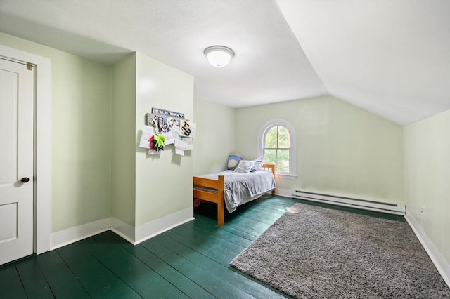 127 E St, East Bridgewater, MA 02333 - bedroom featuring baseboard heating, baseboards, lofted ceiling, and dark wood-style flooring