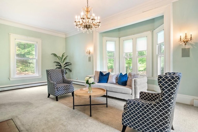 127 E St, East Bridgewater, MA 02333 - living room with carpet flooring, baseboard heating, crown molding, a chandelier, and baseboards